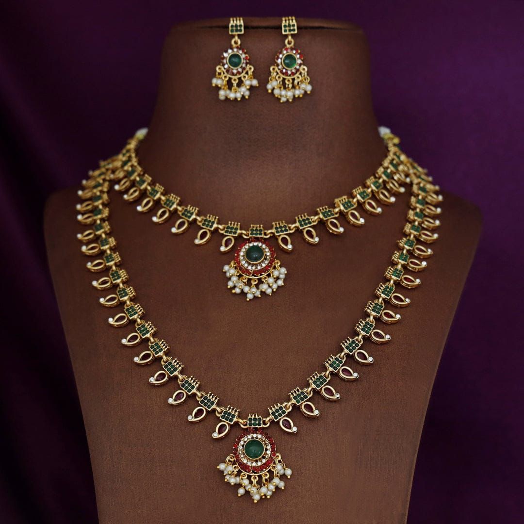 Jewel City Traditional Gold-Plated Green Stone Long Haram Necklace Set for Women & Brides | Grocsy