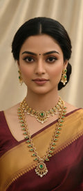 Jewel City Traditional Gold-Plated Green Stone Long Haram Necklace Set for Women & Brides | Grocsy