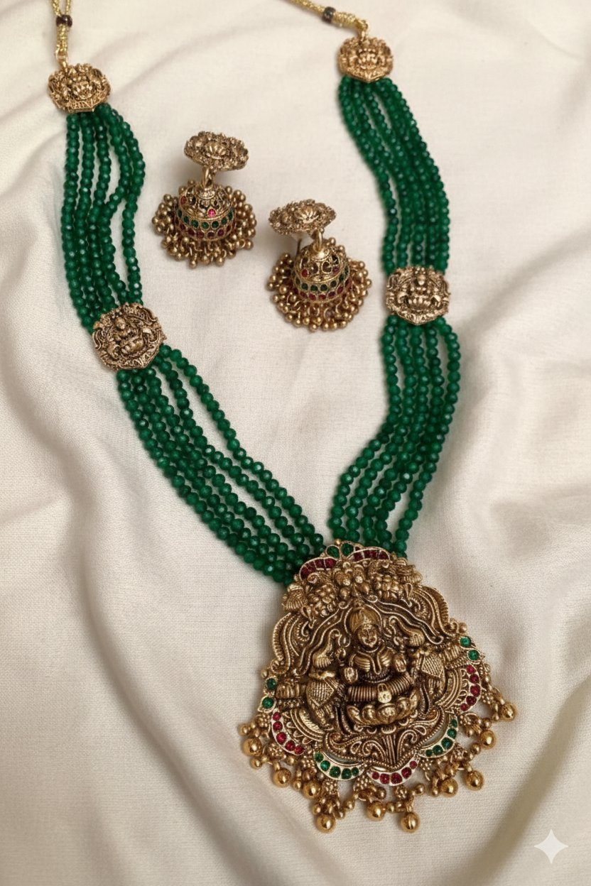 Jewel City Antique Gold-Plated Lakshmi Long Haram Set with Green Beads & Jhumkas – Traditional Temple Jewelry | Grocsy