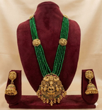 Jewel City Antique Gold-Plated Lakshmi Long Haram Set with Green Beads & Jhumkas – Traditional Temple Jewelry | Grocsy