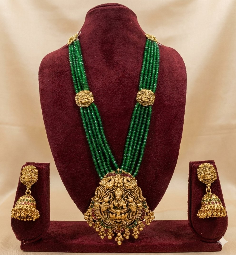 Jewel City Antique Gold-Plated Lakshmi Long Haram Set with Green Beads & Jhumkas – Traditional Temple Jewelry | Grocsy