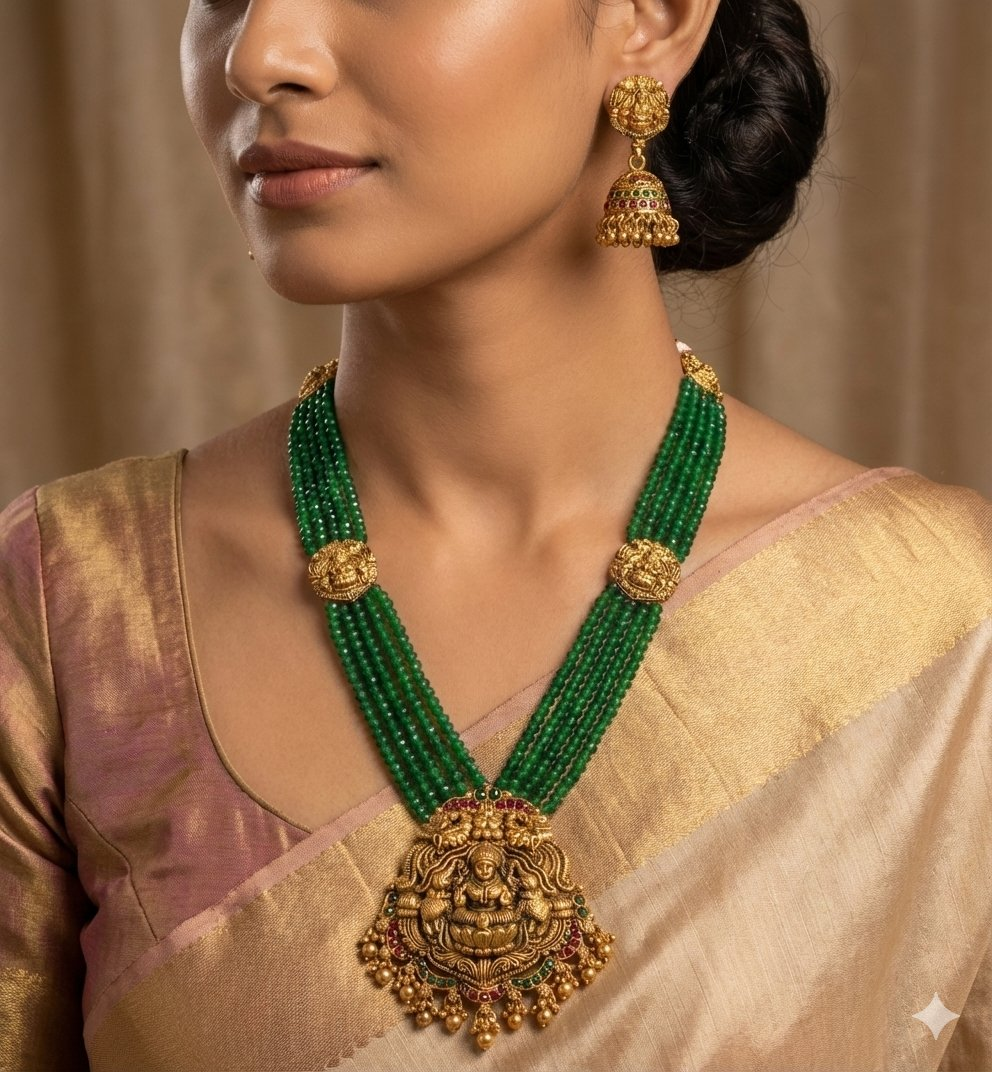 Jewel City Antique Gold-Plated Lakshmi Long Haram Set with Green Beads & Jhumkas – Traditional Temple Jewelry | Grocsy