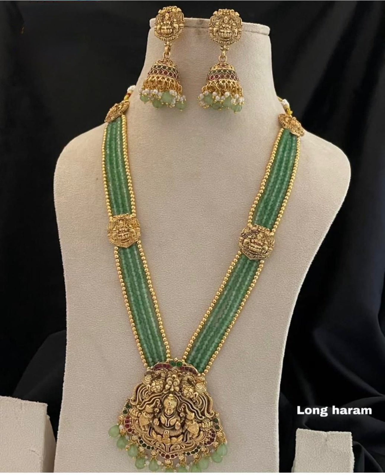 Jewel City Antique Gold-Plated Lakshmi Long Haram Set with Green Beads & Jhumkas – Traditional Temple Jewelry | Grocsy