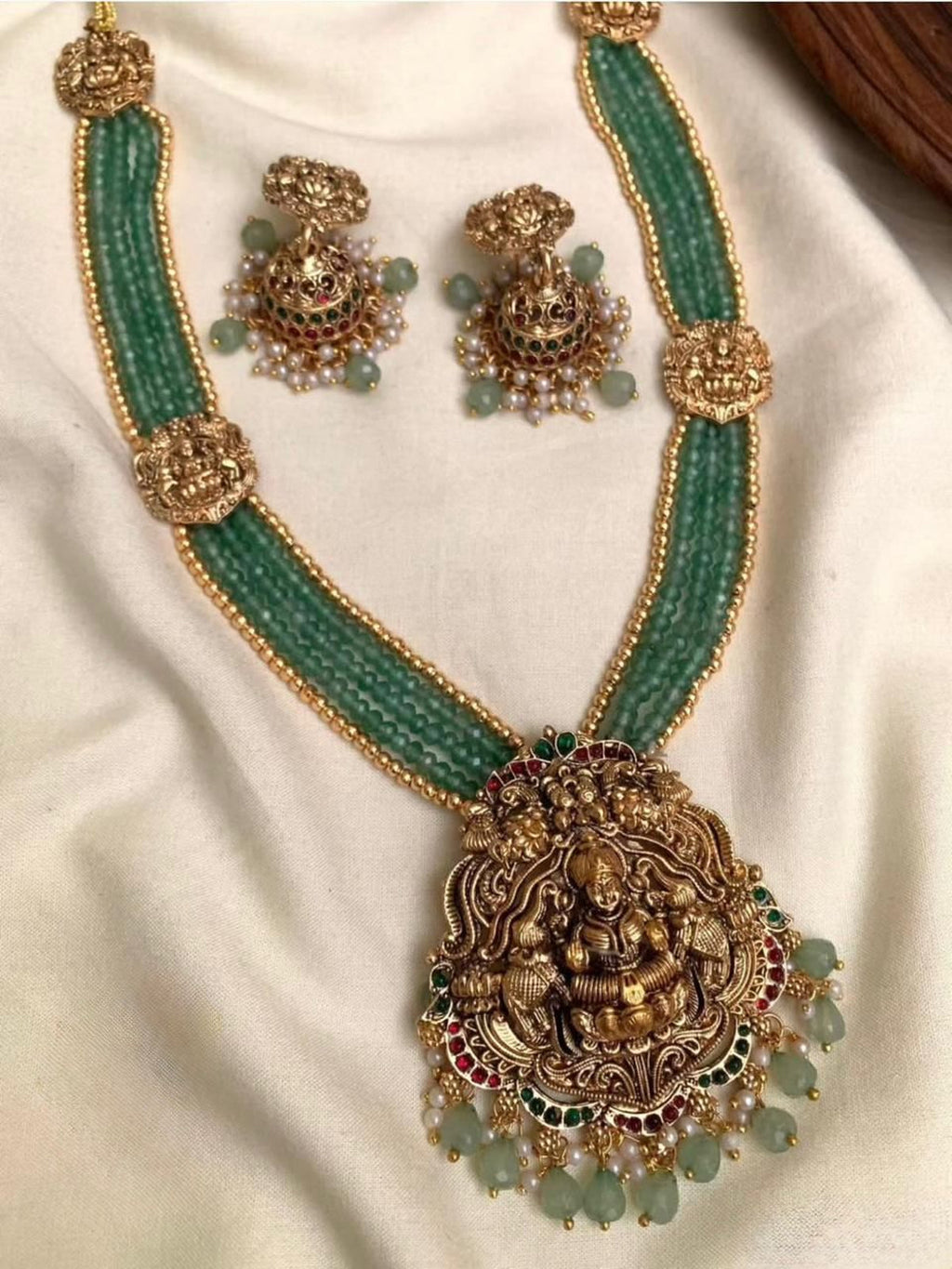 Jewel City Antique Gold-Plated Lakshmi Long Haram Set with Green Beads & Jhumkas – Traditional Temple Jewelry | Grocsy