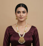 Jewel City Antique Gold-Plated Lakshmi Long Haram Set with White Beads & Jhumkas – Traditional Temple Jewelry | Grocsy
