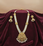 Jewel City Antique Gold-Plated Lakshmi Long Haram Set with White Beads & Jhumkas – Traditional Temple Jewelry | Grocsy