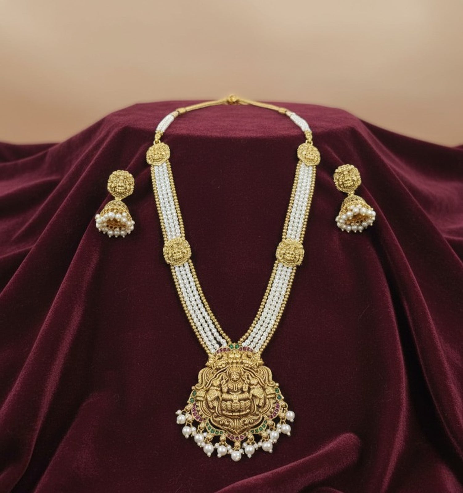 Jewel City Antique Gold-Plated Lakshmi Long Haram Set with White Beads & Jhumkas – Traditional Temple Jewelry | Grocsy