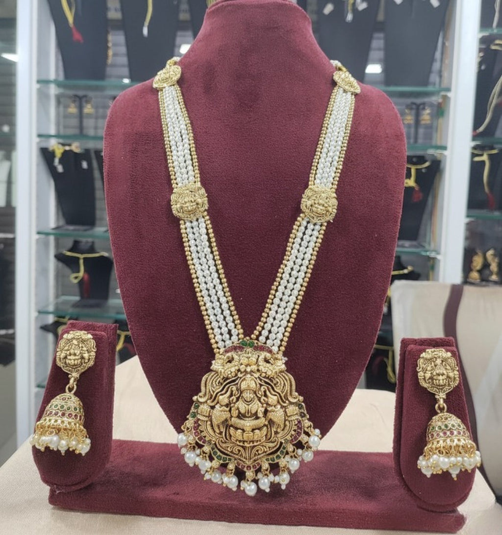 Jewel City Antique Gold-Plated Lakshmi Long Haram Set with White Beads & Jhumkas – Traditional Temple Jewelry | Grocsy