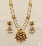 Jewel City Antique Gold-Plated Lakshmi Long Haram Set with White Beads & Jhumkas – Traditional Temple Jewelry | Grocsy