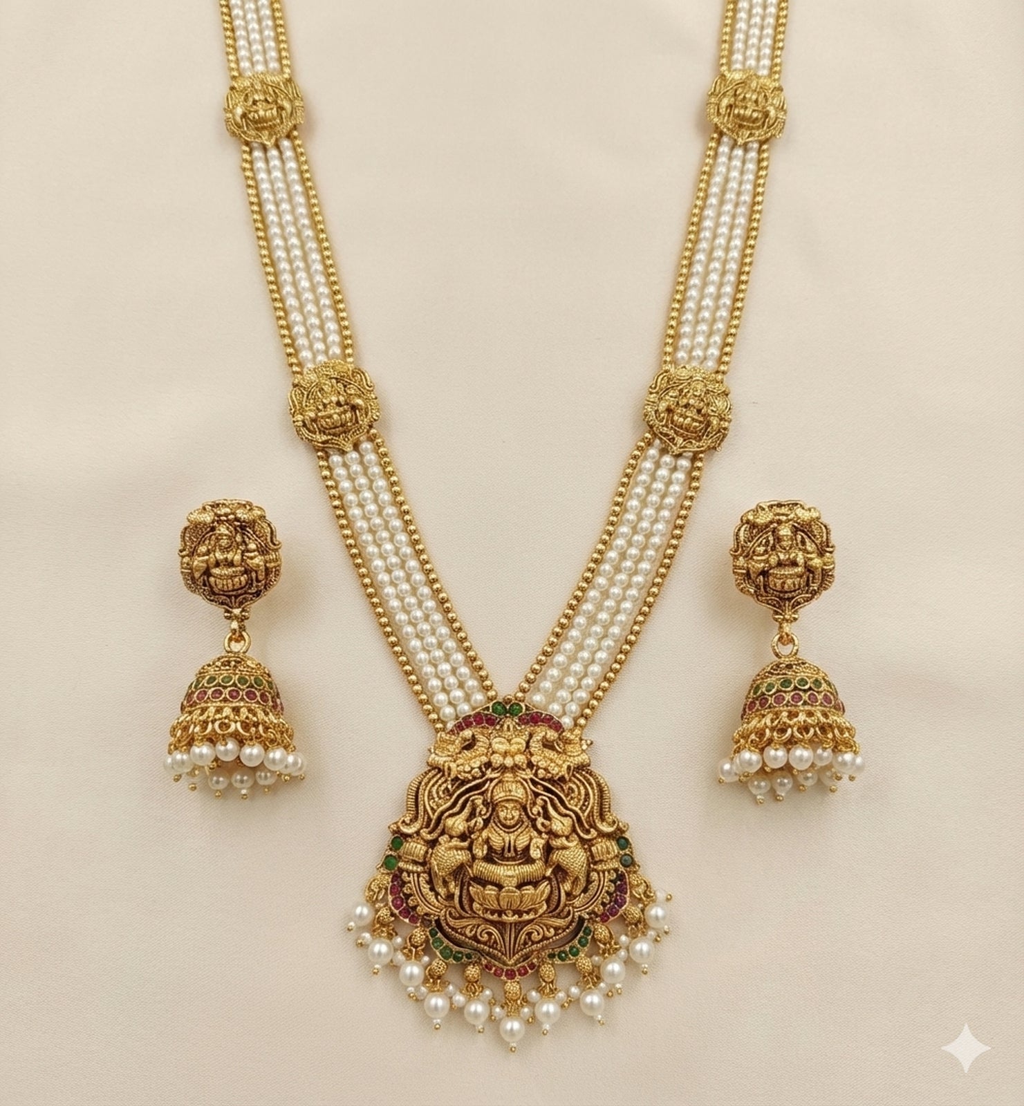 Jewel City Antique Gold-Plated Lakshmi Long Haram Set with White Beads & Jhumkas – Traditional Temple Jewelry | Grocsy