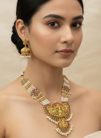 Jewel City Traditional Lakshmi Temple Long Haram Necklace Set for Women | Gold-Plated Pearl, Ruby & Green Stone Bridal Jewellery | Grocsy