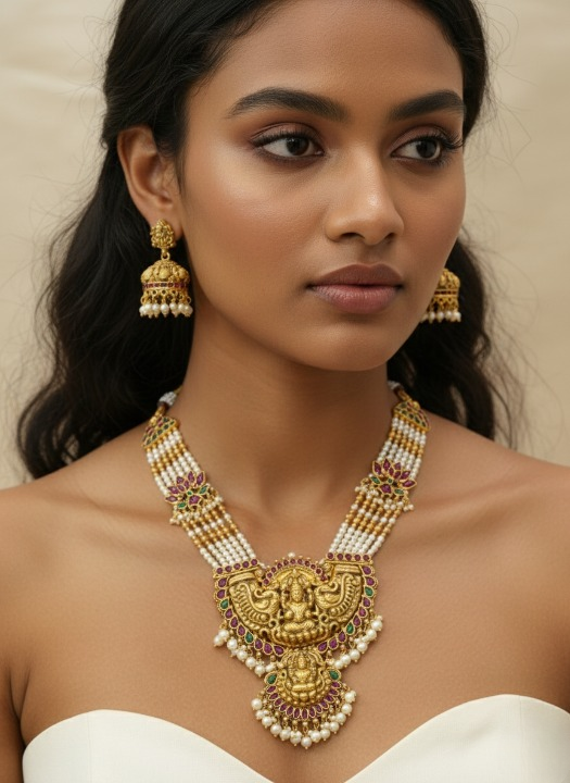 Jewel City Traditional Lakshmi Temple Long Haram Necklace Set for Women | Gold-Plated Pearl, Ruby & Green Stone Bridal Jewellery | Grocsy