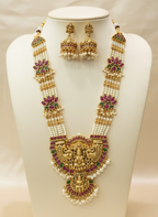Jewel City Traditional Lakshmi Temple Long Haram Necklace Set for Women | Gold-Plated Pearl, Ruby & Green Stone Bridal Jewellery | Grocsy