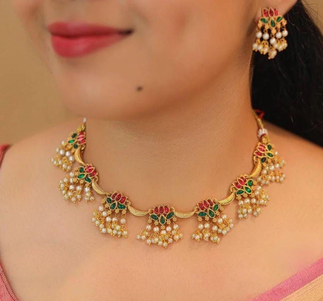 Jewel City Traditional Gold-Plated Lotus Necklace Set with Pearls for Women – Ethnic Wedding & Festive Jewelry | Grocsy