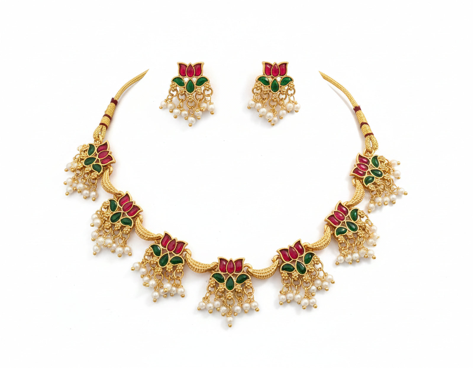 Jewel City Traditional Gold-Plated Lotus Necklace Set with Pearls for Women – Ethnic Wedding & Festive Jewelry | Grocsy
