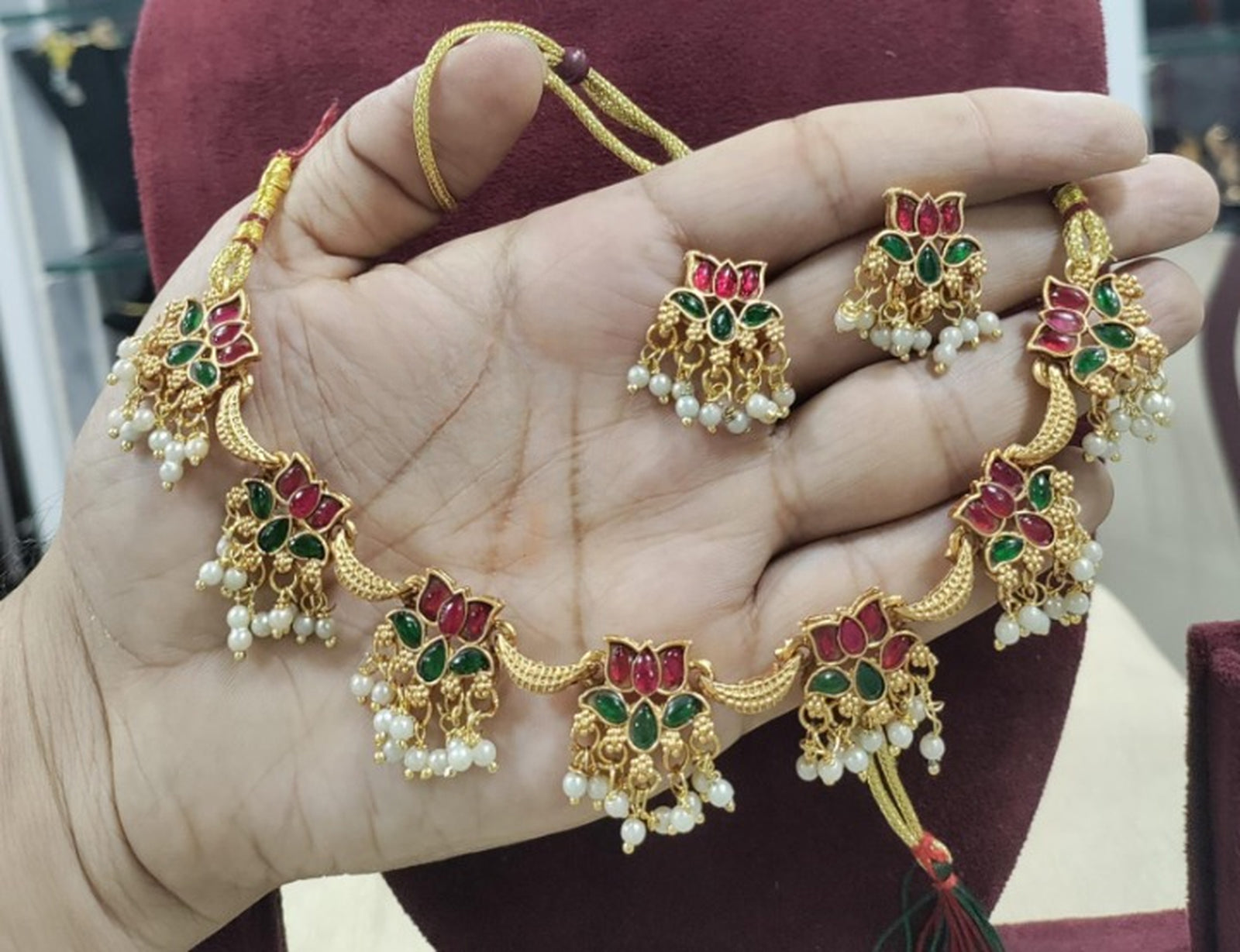 Jewel City Traditional Gold-Plated Lotus Necklace Set with Pearls for Women – Ethnic Wedding & Festive Jewelry | Grocsy