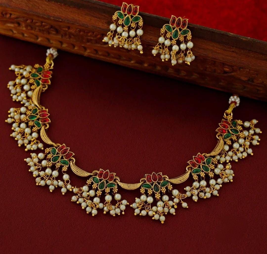 Jewel City Traditional Gold-Plated Lotus Necklace Set with Pearls for Women – Ethnic Wedding & Festive Jewelry | Grocsy
