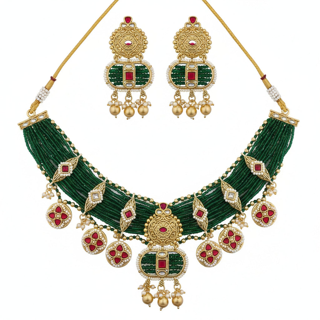 Jewel City Handcrafted Emerald Green Polki Necklace And Earrings Set | Grocsy