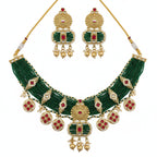 Jewel City Handcrafted Emerald Green Polki Necklace And Earrings Set | Grocsy