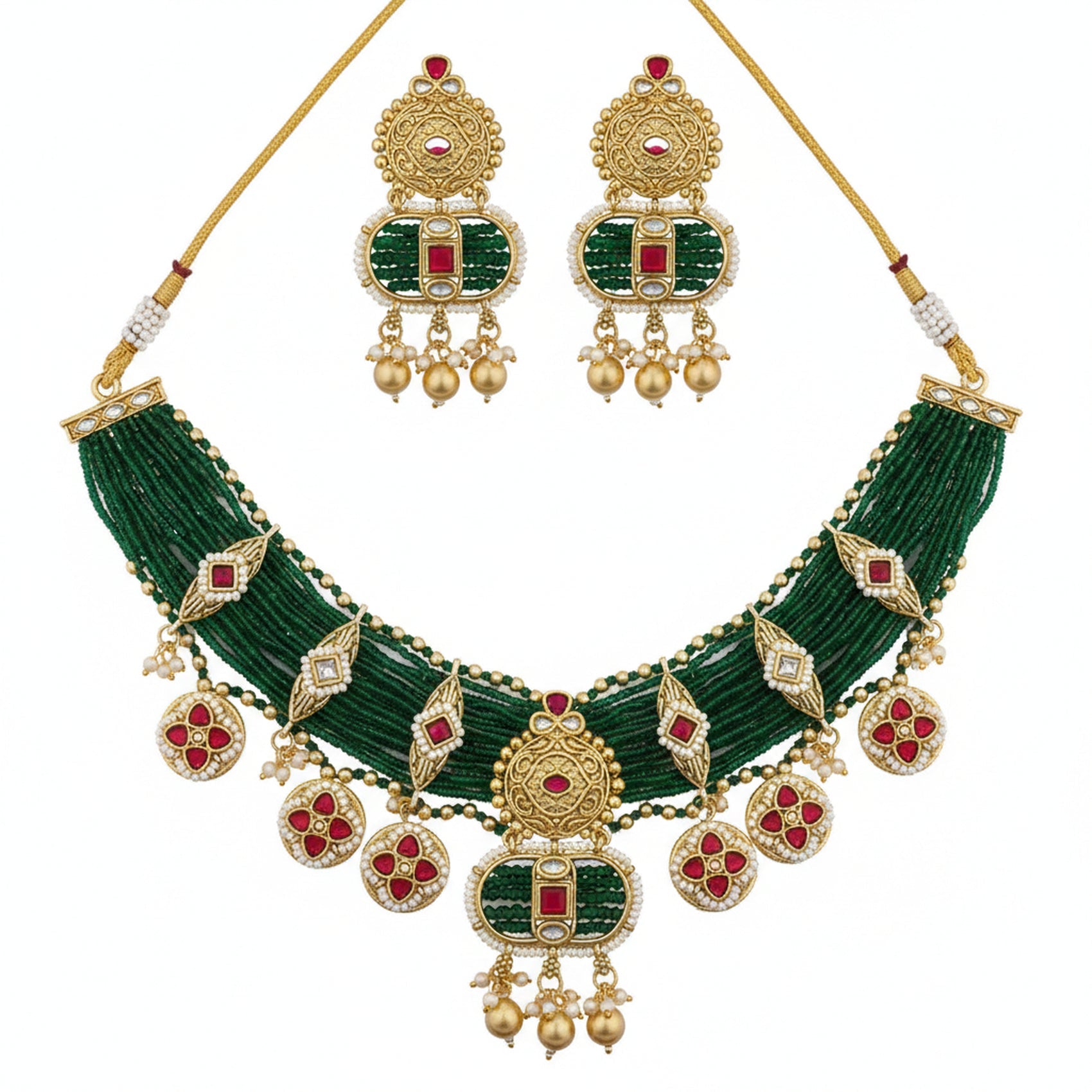 Jewel City Handcrafted Emerald Green Polki Necklace And Earrings Set | Grocsy