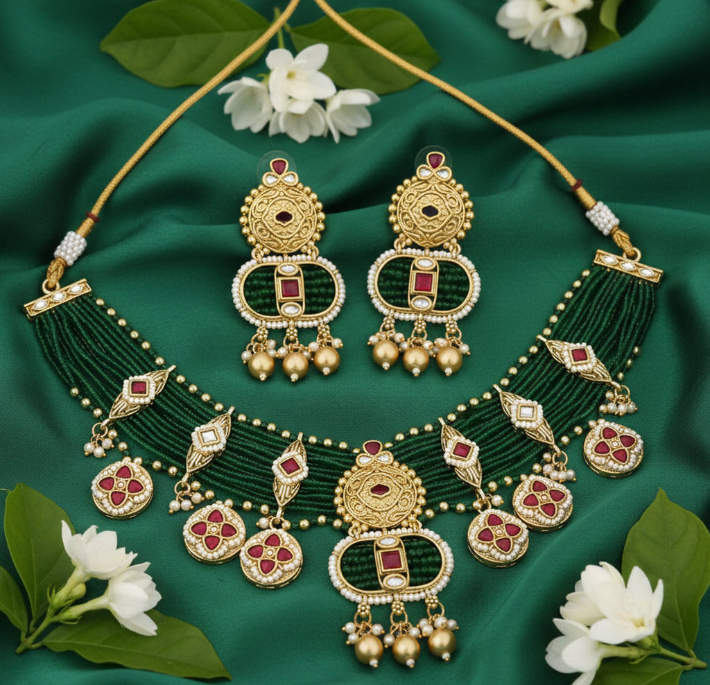 Jewel City Handcrafted Emerald Green Polki Necklace And Earrings Set | Grocsy