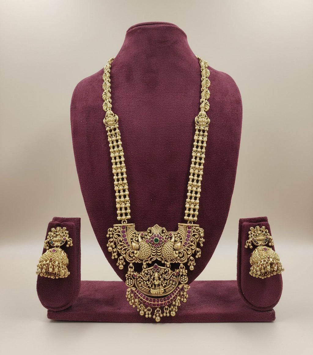 Jewel City Traditional Temple Lakshmi Long Necklace Set with Jhumka Earrings | Gold-Plated Bridal Jewellery | Grocsy
