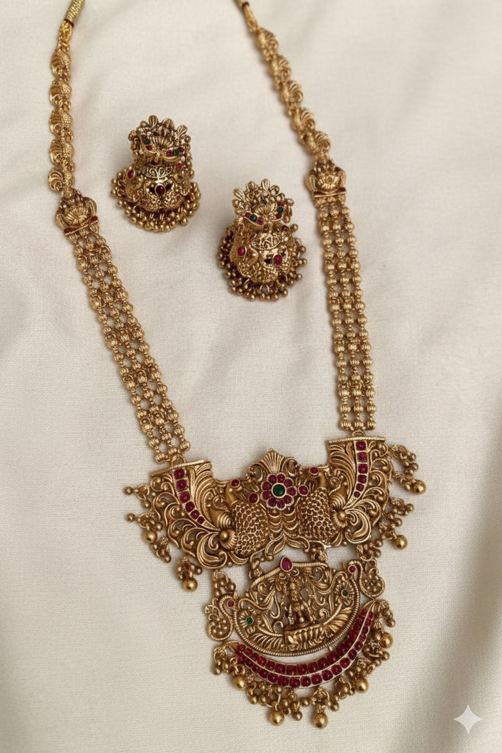 Jewel City Traditional Temple Lakshmi Long Necklace Set with Jhumka Earrings | Gold-Plated Bridal Jewellery | Grocsy