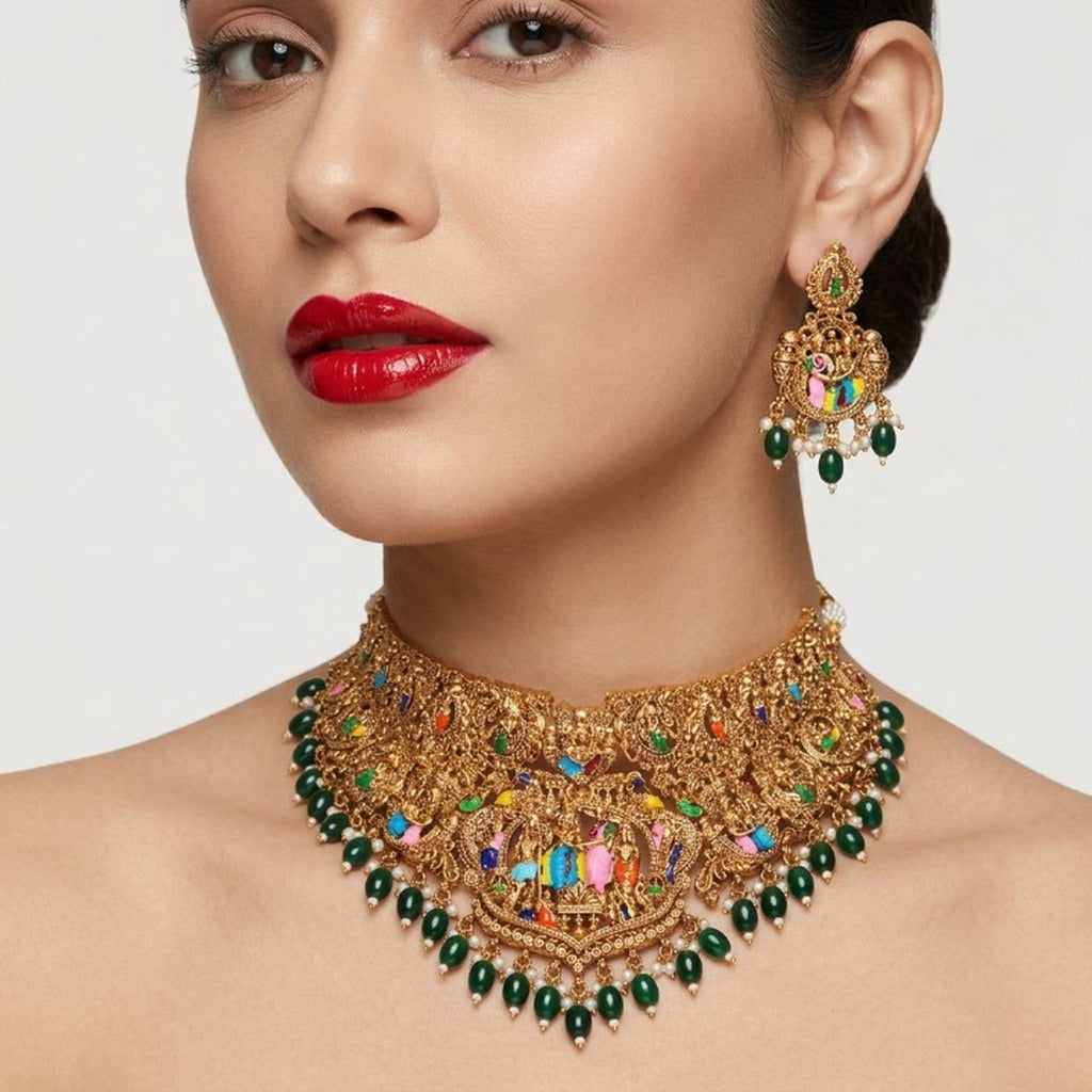 Jewel City Handcrafted Temple Jewellery: Intricate Gold-Plated Choker Set | Grocsy