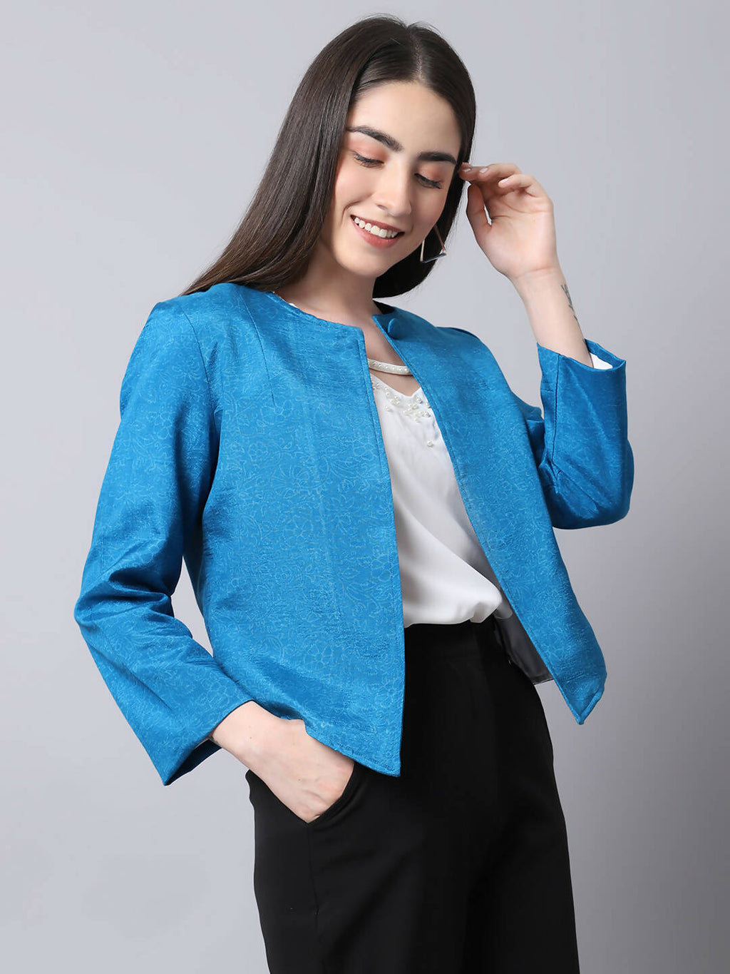 Even Apparels Blue 100% Viscose Open Front Statement Women's Jacket | Grocsy