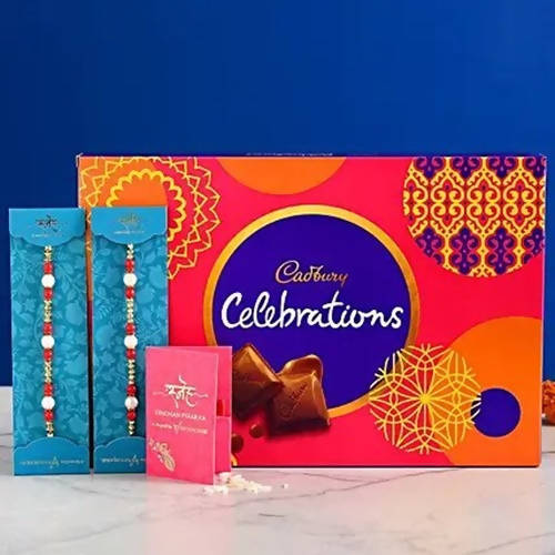 Set of 2 Pearl Rakhis With Cadbury Celebrations | Grocsy