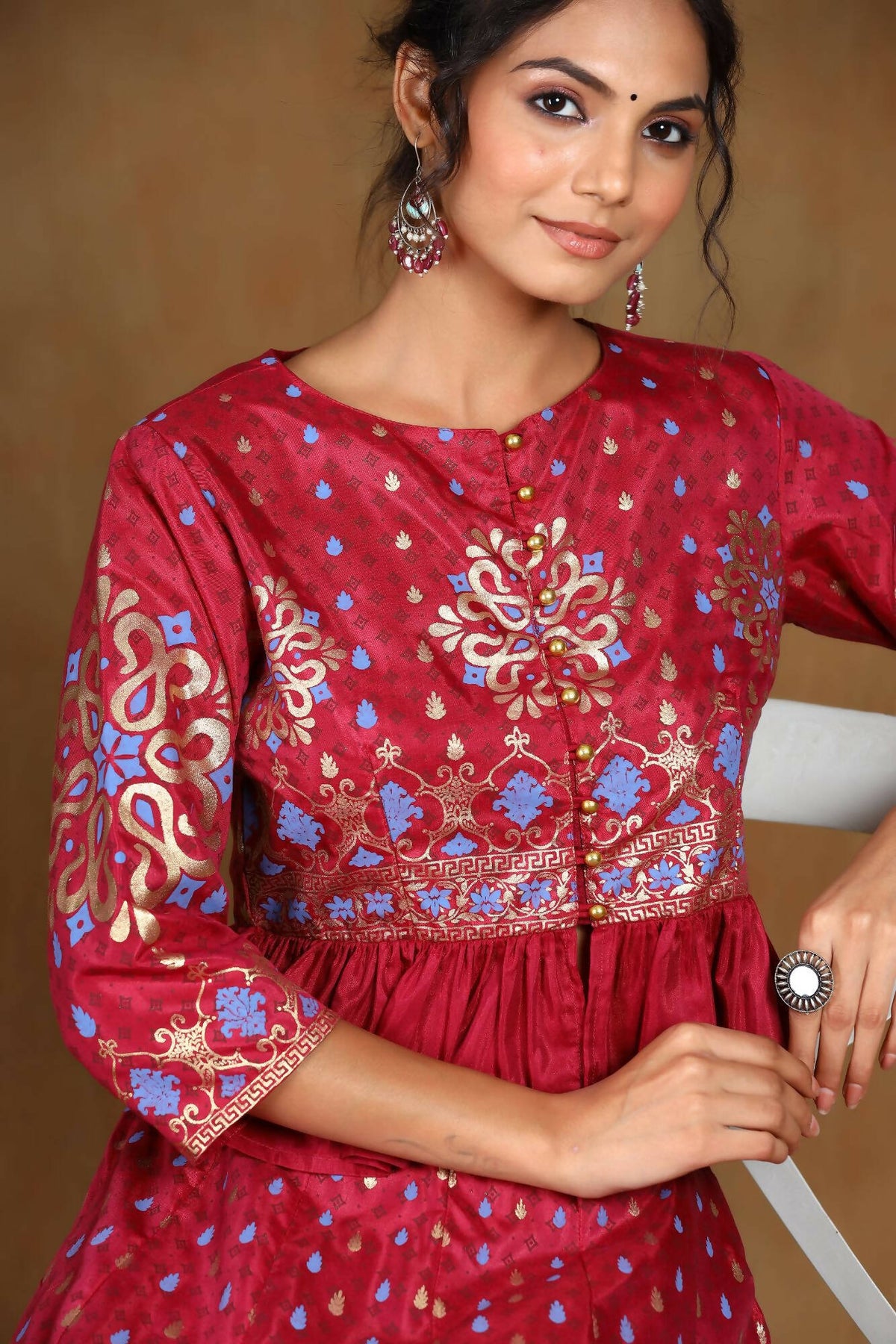 Juniper Women Burgundy Shantoon Printed Flared Lehenga Choli Sets | Grocsy