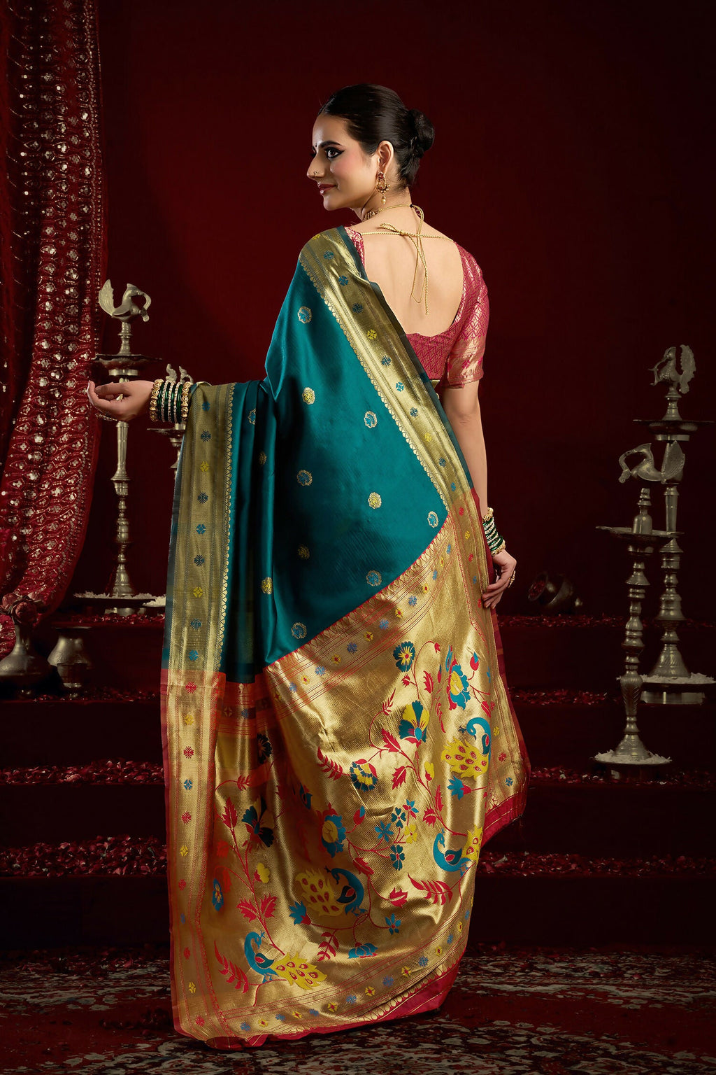 Joban Fashion Teal Paithani Silk Blend Butti Saree | Grocsy