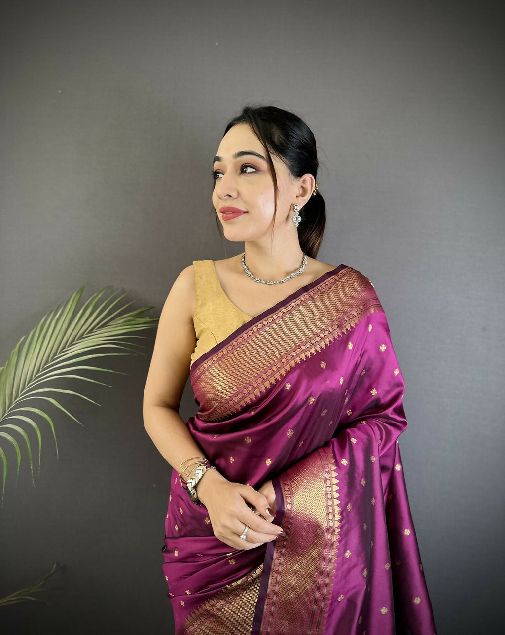 Joban Fashion Wine Butti Woven Soft Lichi Silk Paithani Saree | Grocsy
