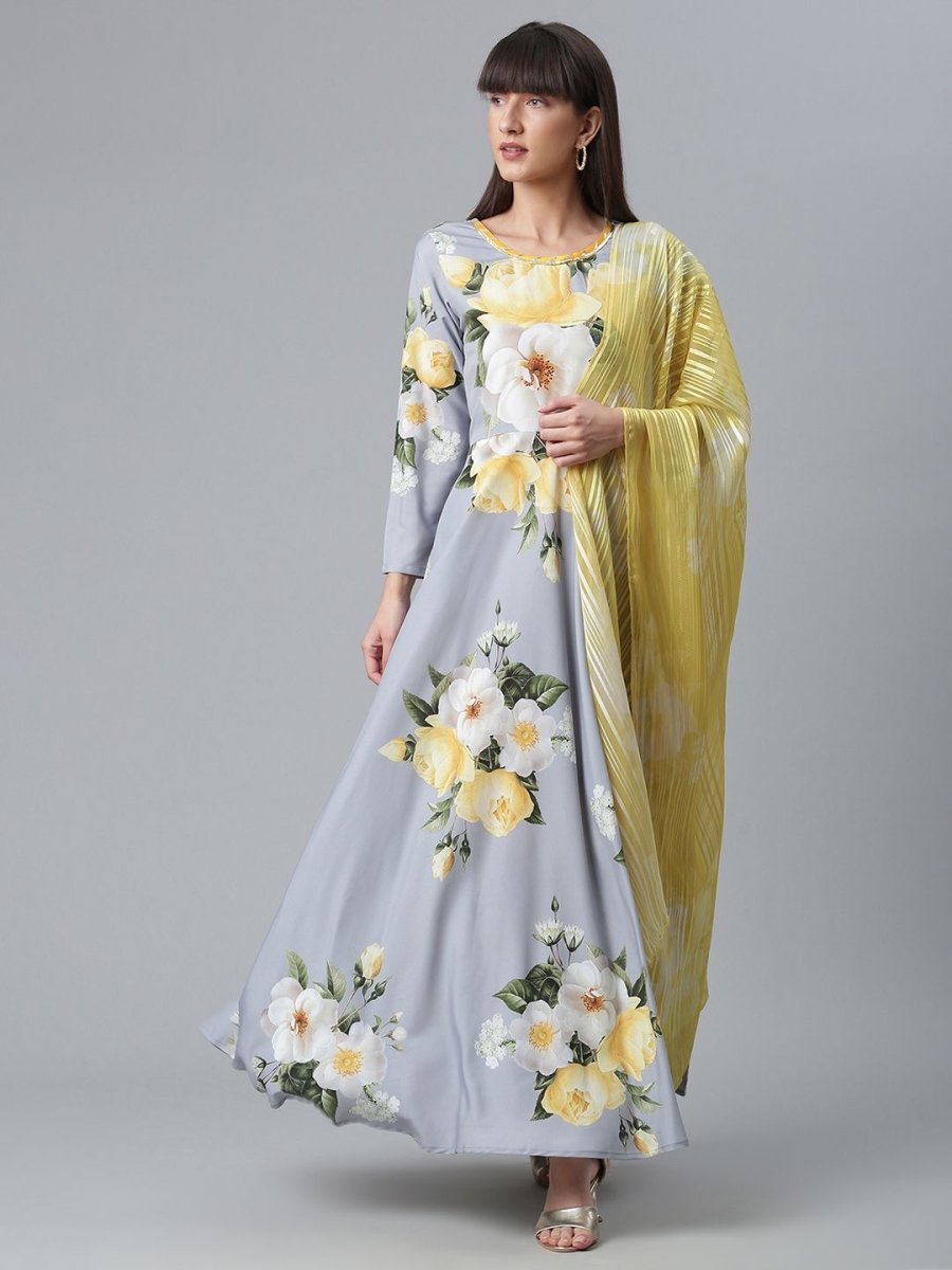 Ahalyaa Rayon Grey Digital Print Kurta With Dupatta Set | Grocsy
