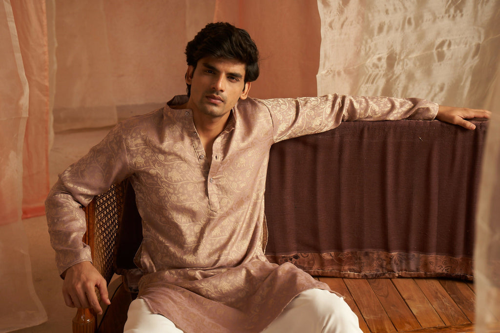 Mauve Modal Silk Wevon Designer Men's Kurta Set - Mahotsav | Grocsy