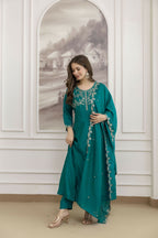 The52 Rama Women's Beautiful Vichitra Silk Fabric Embroidered Work Flared Anarkali Pant and Dupatta Set | Grocsy