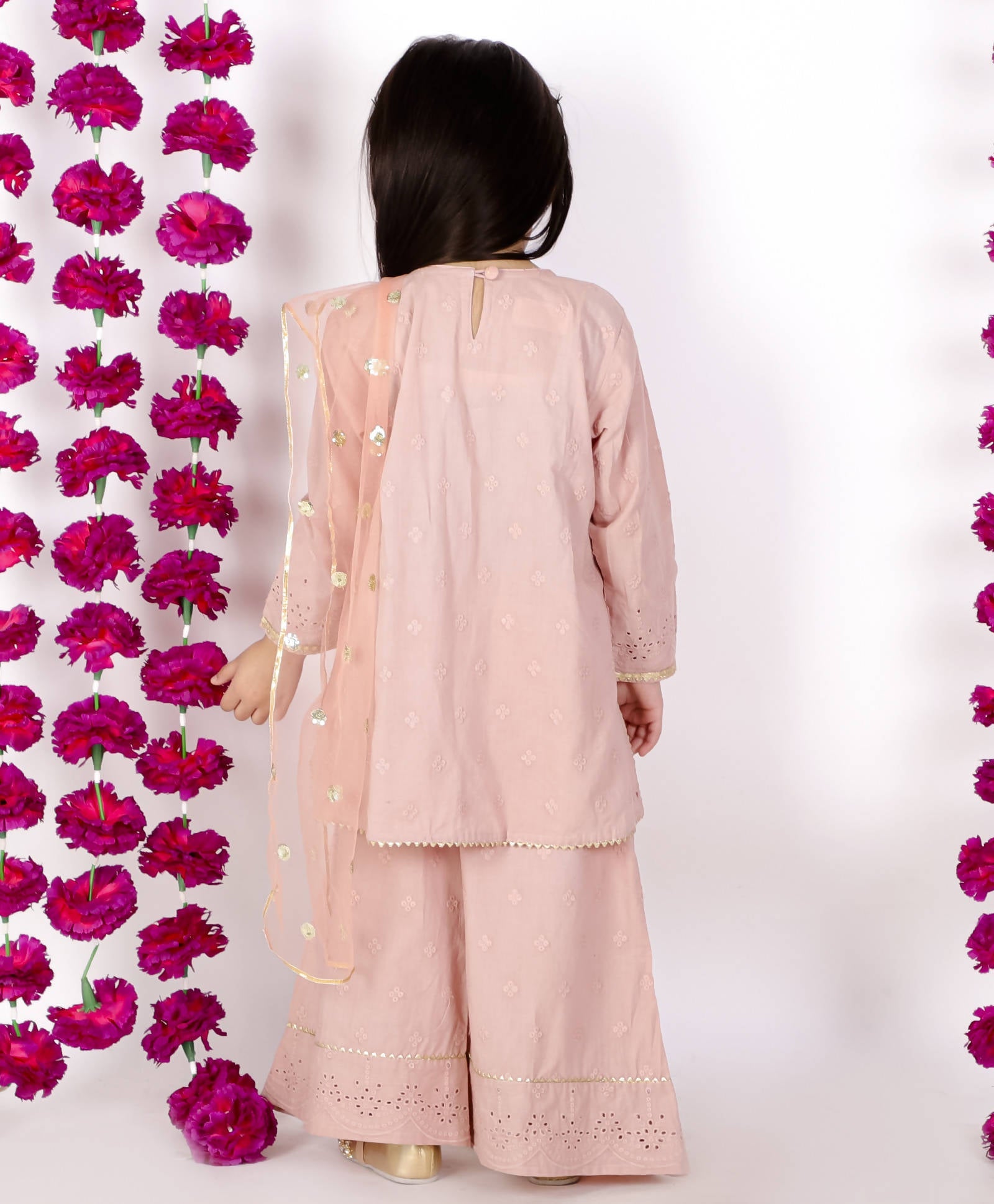 Little Bansi Girls Brown Tussel work Schiffli Kurta Frock with Plazzo and Dupatta | Grocsy