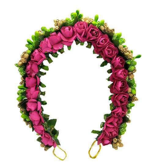 Pink, Green & Golden Flower Hair Gajra | Grocsy