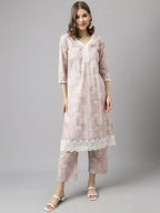 FIORRA Women's Pink Cotton A-Line Kurta Set | Grocsy