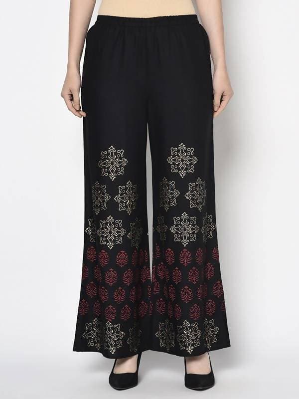 Aniyah Rayon Black Color Block Print Flared Slip-On Palazzo (AN-188K) | Grocsy