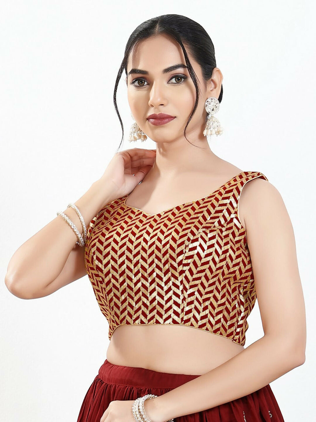 Joban Fashion Maroon Silk Padded Blouse With Sweetheart Neck Sleeveless | Grocsy