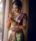 DEIANA'S Beautiful Designer Golden zari Soft Lichi Silk Saree - Pista | Grocsy
