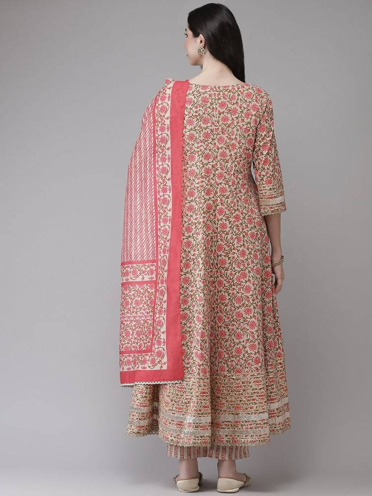 Yufta Women Pink Printed Kurta with Trouser and Dupatta Set | Grocsy