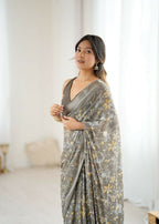 PR Fashion Grey Bright Moss Satin Patta Printed Saree | Grocsy
