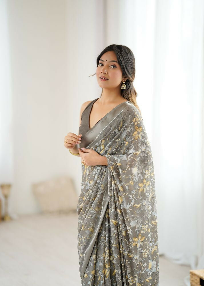 PR Fashion Grey Bright Moss Satin Patta Printed Saree | Grocsy
