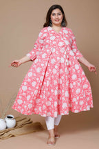 Miravan Women's Pink Plus Size Cotton Floral Printed Anarkali Kurta | Grocsy