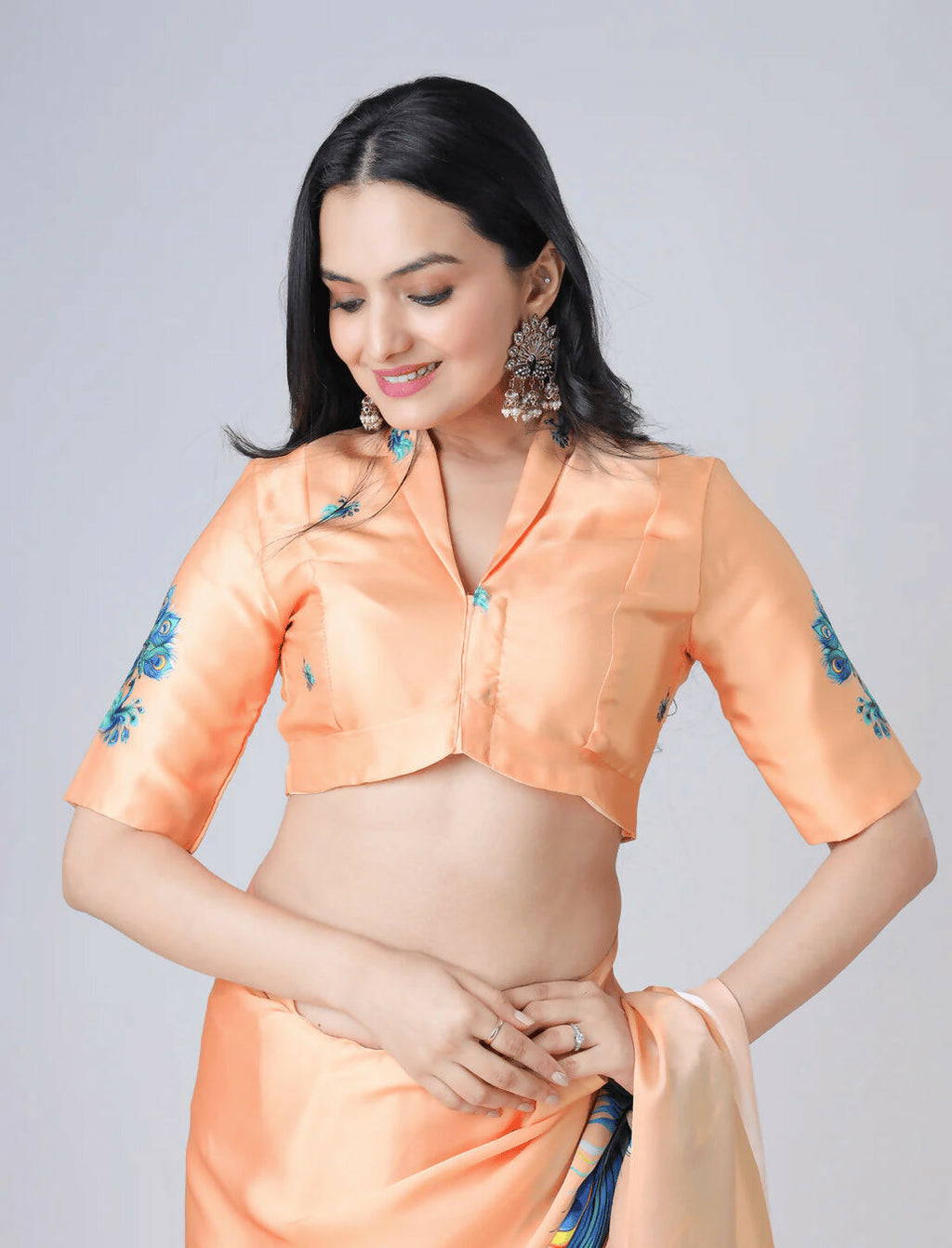 Vastranavya Peach Peacock Print Free Hand Ready to Wear Saree | Grocsy