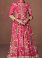 Vastranavya Pink Organza Silk Printed & Foil Mirror Work Anarkali Suit Set | Grocsy