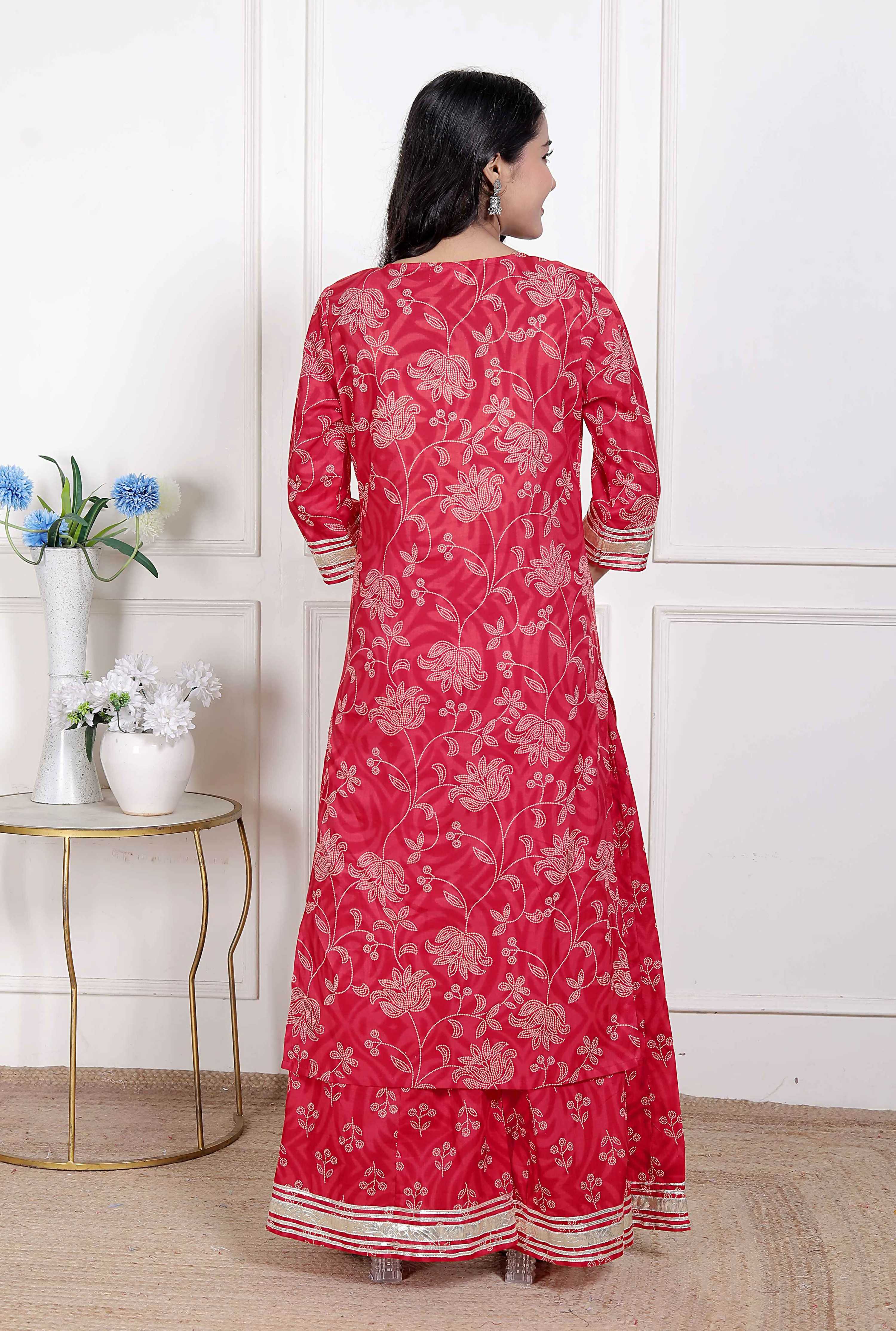 Miravan Women's Red Cotton Gota Work Kurta with Palazzo | Grocsy