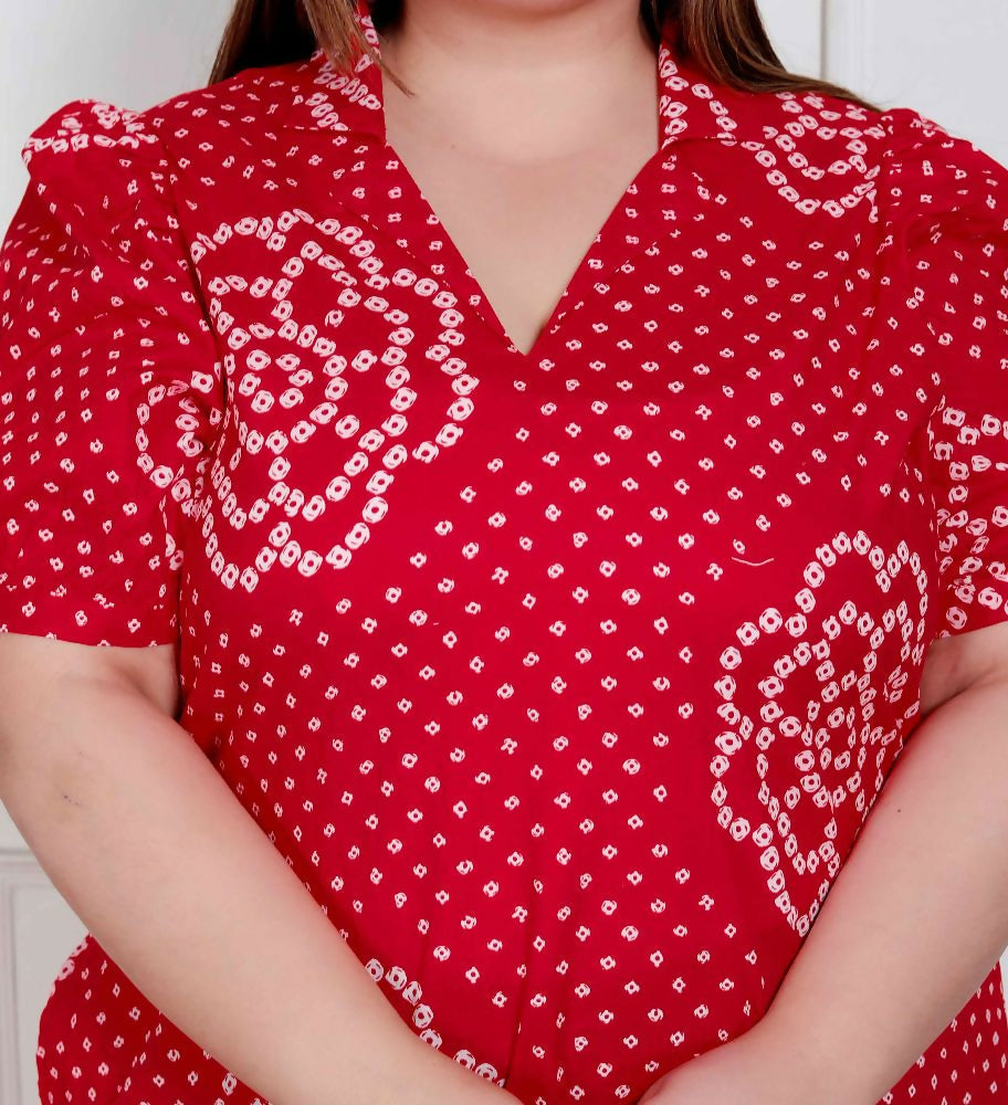 Miravan Plus Size Womens Red Bandhani Printed Collar Neck Maxi Dress | Grocsy